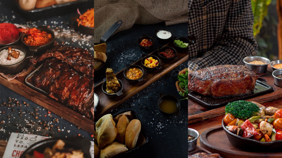 Cortes de carne y guarniciones servidos en la mesa de La Cabrera